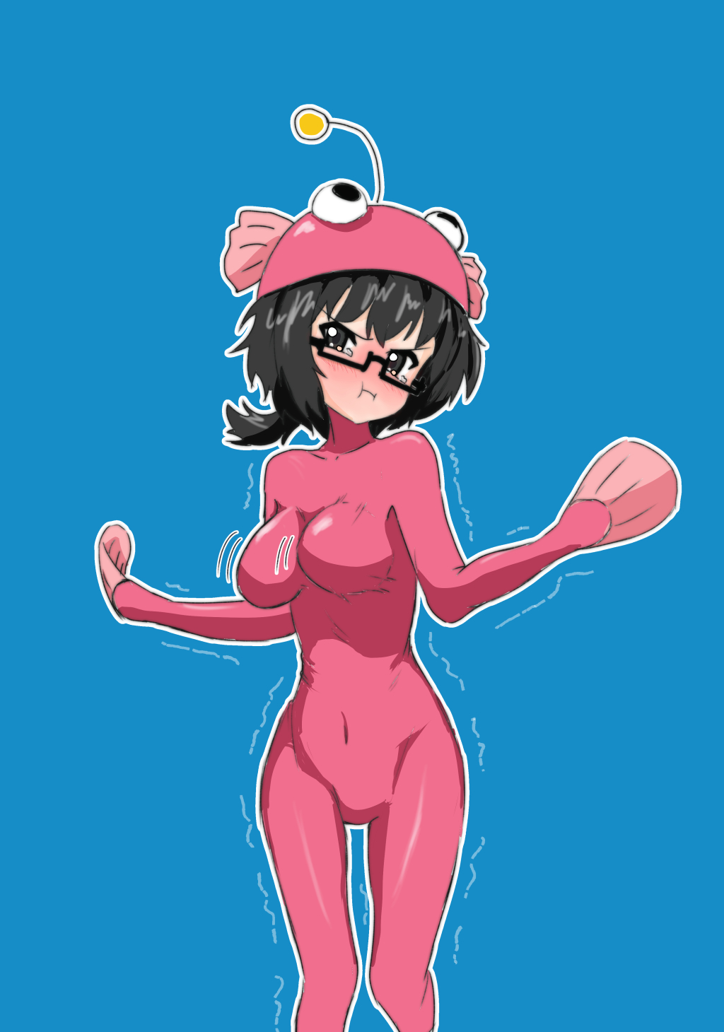 1girl anglerfish_costume black_hair blue_background blue_eyes blush bodysuit bouncing_breasts breasts covered_navel embarrassed girls_und_panzer glasses highres looking_at_viewer mal_(malmlamal) medium_breasts oryou_(girls_und_panzer) pink_bodysuit pout short_hair simple_background solo