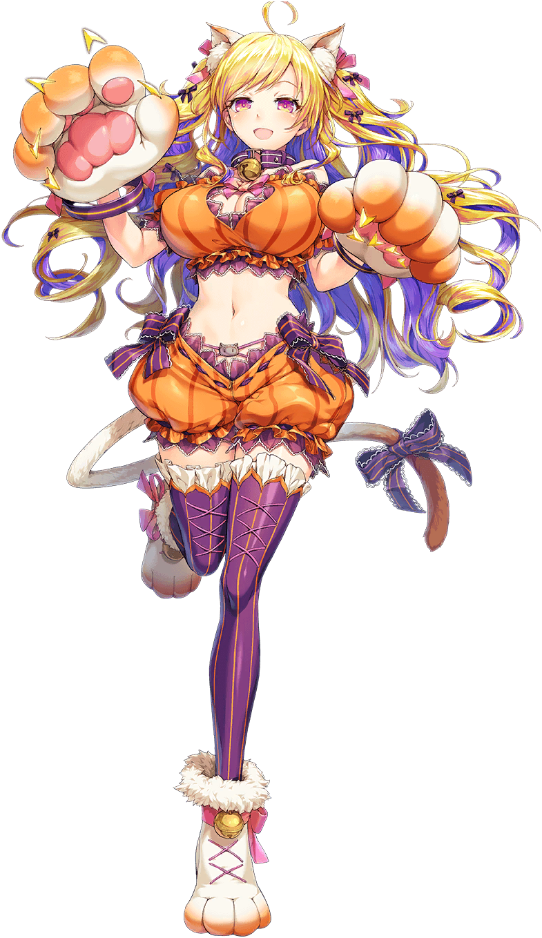1girl ahoge animal_costume animal_ears animal_hands artist_request bell blonde_hair bow breasts cleavage colored_inner_hair crun_(unitia) fake_animal_ears full_body game_cg hair_bow highres jingle_bell multicolored_hair navel official_alternate_costume official_art pink_bow pink_eyes purple_hair solo source_request standing standing_on_one_leg tail tail_bow tail_ornament transparent_background unitia