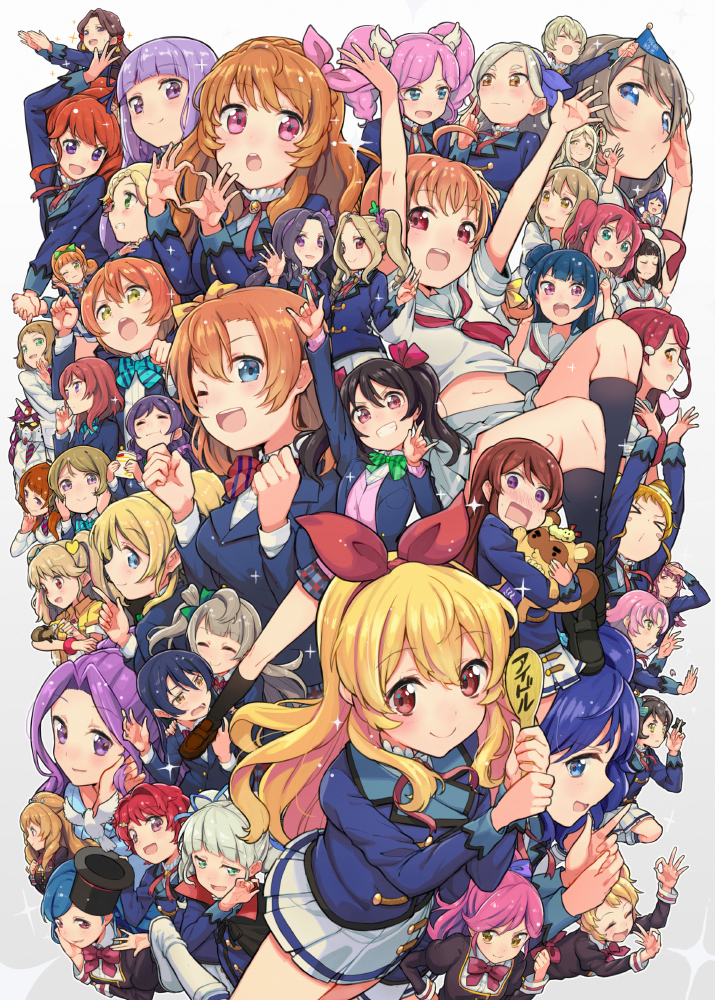 10s four-finger_heart_hands 6+girls :d :o :t \m/ \o/ ^_^ a-rise absolutely_everyone aikatsu! aikatsu!_(series) amahane_madoka arisugawa_otome arm_up arms_up ayase_eli bird blazer blush clenched_hands closed_eyes company_connection crossover daichi_nono dove eating ebipon embarrassed everyone flag food fujiwara_miyabi_(aikatsu!) grin gundam hands_on_own_cheeks hands_on_own_face haruken hat hattori_yu heart heart_hands helmet hikami_sumire himesato_maria holding holding_spoon holding_stuffed_toy hoshimiya_ichigo hoshizora_rin ichinose_kaede in-franchise_crossover index_finger_raised jacket kamiya_shion kanzaki_mizuki kazesawa_sora kira_tsubasa kiriya_aoi kitaoji_sakura koizumi_hanayo kosaka_honoka kunikida_hanamaru kurebayashi_juri kurisu_kokone kurosawa_dia kurosawa_rin kurosawa_ruby love_live! love_live!_school_idol_project love_live!_sunshine!! magic_trick matsuura_kanan midriff minami_kotori minowa_hikari mobile_suit_gundam multiple_boys multiple_girls natsuki_mikuru navel nico_nico_nii nishikino_maki ohara_mari ojou-sama_pose ok_sign one_eye_closed open_mouth orange_hair otonokizaka_school_uniform otoshiro_seira outstretched_arms ozora_akari paw_pose rectangular_mouth rx-78-2_gundam saegusa_kii sakurauchi_riko salute sandwich school_uniform serafuku shibuki_ran shinjo_hinaki shirakaba_risa shuriken smile sonoda_umi sparkle spoon stuffed_animal stuffed_toy sunrise_(company) takami_chika todo_erena todo_yurika tojo_nozomi top_hat tsushima_yoshiko uranohoshi_school_uniform v watanabe_you weapon when_you_see_it wooden_spoon yazawa_nico yuki_anju