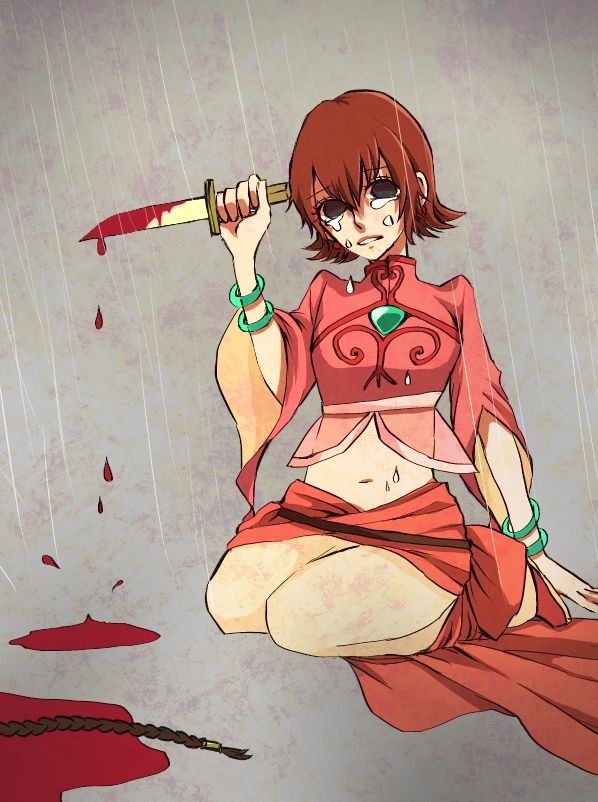 1girl annie_barrs belt black_eyes blood bracelet braid breasts brown_hair dagger eugene_gallardo jewelry knife midriff navel open_mouth pants rain shoes short_hair tales_of_(series) tales_of_rebirth tears weapon wide_sleeves