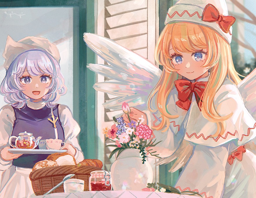 2girls :d apron basket blonde_hair blue_eyes blue_hair blue_vest bow bowtie bread breasts capelet closed_mouth commentary_request dress feathered_wings food happy hat hat_bow holding jam lapel_pin letty_whiterock lily_white long_hair long_sleeves medium_breasts medium_hair mozukuzu_(manukedori) multiple_girls open_mouth plant pointy_hat potted_plant red_bow red_bowtie red_sash sash shirt sidelocks smile spoon table touhou tray very_long_hair vest white_apron white_capelet white_dress white_hat white_shirt white_wings wide_sleeves wings
