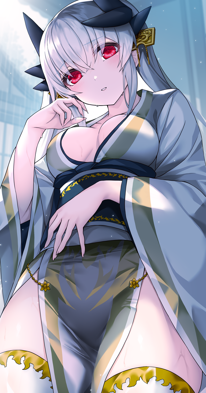 1girl blush breasts commentary_request dragon_girl dragon_horns fate/grand_order fate_(series) hair_ornament highres horns japanese_clothes kimono kiyohime_(fate) large_breasts long_hair looking_at_viewer morizono_shiki parted_lips rain red_eyes solo thighhighs thighs white_hair white_kimono white_thighhighs wide_sleeves
