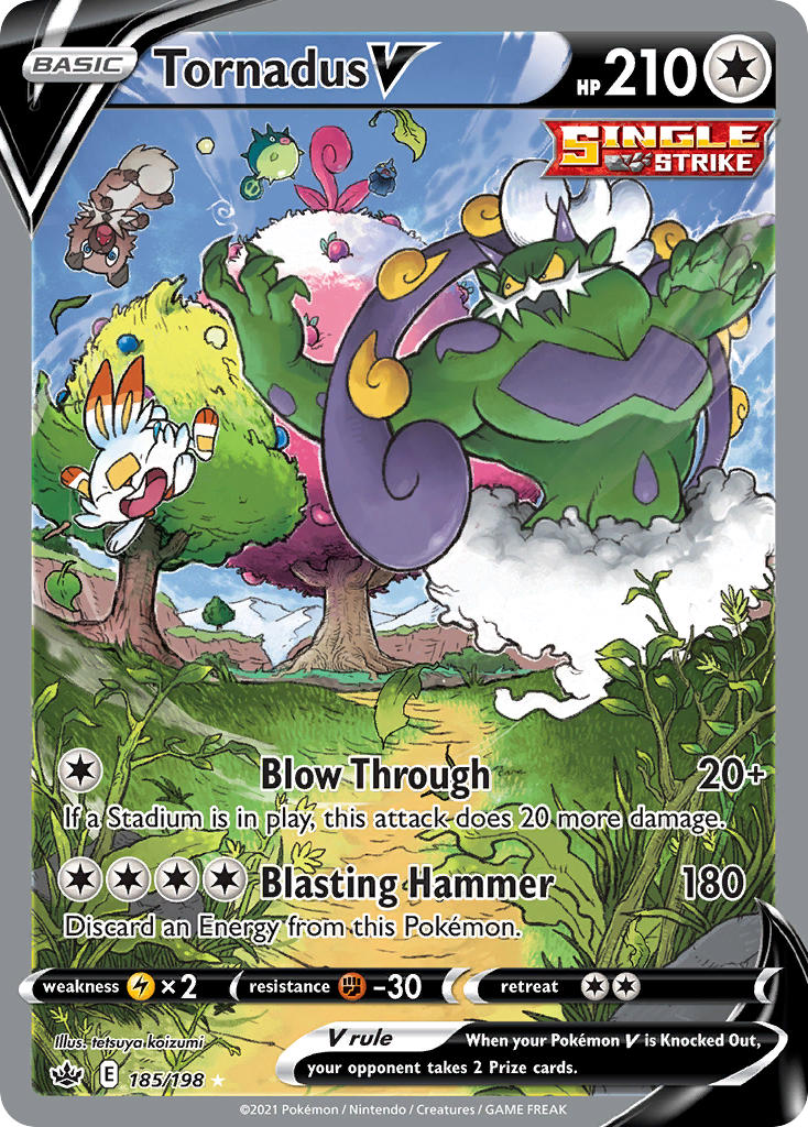 artist_name berry_(pokemon) blown_away blue_sky card_(medium) character_name closed_eyes cloud company_name copyright_name copyright_notice day dyna_tree_hill english_text floating gen_2_pokemon gen_3_pokemon gen_5_pokemon gen_7_pokemon gen_8_pokemon grass horns in-universe_location koizumi_tetsuya leaf legendary_pokemon muscular nintendo official_art outdoors pokemon pokemon_(creature) pokemon_card pokemon_focus pokemon_swsh pokemon_tcg qwilfish rock rockruff scorbunny shuppet sky spikes third-party_source tornadus tornadus_(incarnate) trading_card tree wind