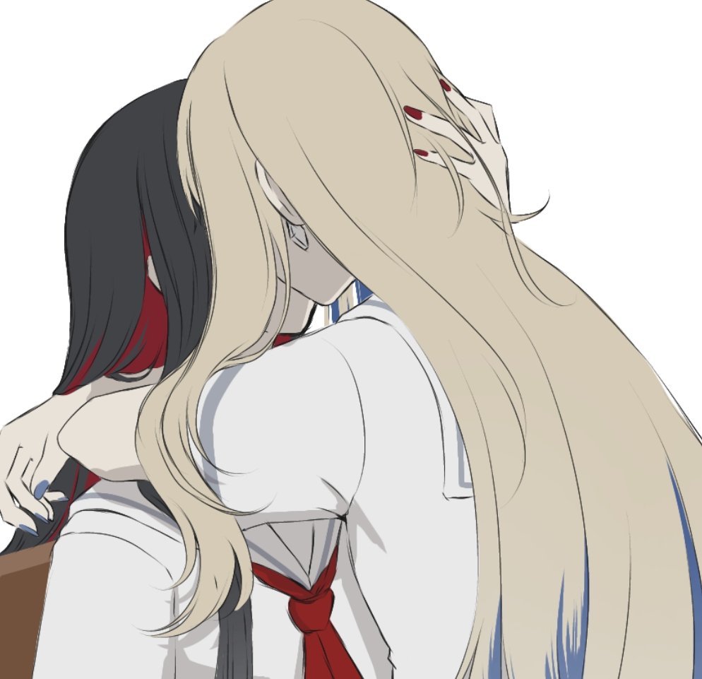 azusawa_kohane black_hair blue_hair brown_hair colored_inner_hair commentary earrings hand_on_another&#039;s_head jewelry kiss long_hair multicolored_hair nail_polish neckerchief official_alternate_costume official_alternate_hair_length official_alternate_hairstyle project_sekai red_hair red_nails red_neckerchief sailor_collar school_uniform serafuku shiraishi_an shirt simple_background symbol-only_commentary whip_the_wimp_girl!!_(project_sekai) white_background white_sailor_collar white_shirt ykkt_0911 yuri