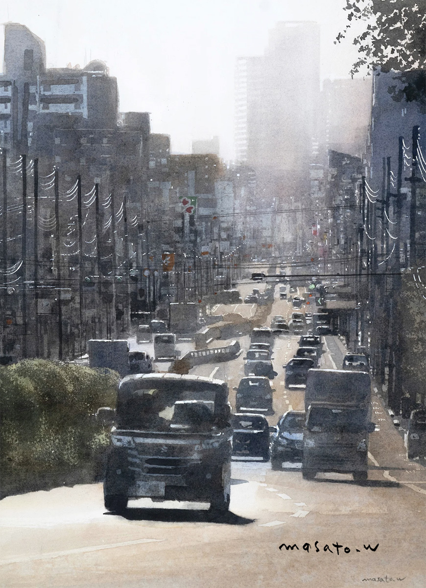 artist_name box_truck building car city day hedge highres highway motor_vehicle multi-lane_road no_humans original outdoors painting_(medium) plant power_lines realistic road scenery shadow sunlight suzuki_(company) traditional_media traffic truck utility_pole watanabe_masato watercolor_(medium)