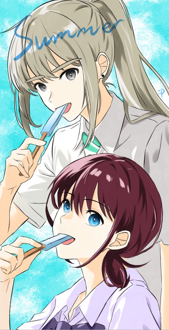 2girls blue_bow blue_bowtie blue_eyes blue_shirt bow bowtie brown_hair collared_shirt commentary diagonal-striped_clothes diagonal-striped_necktie earrings fang food food_in_mouth girls_band_cry green_necktie grey_eyes hair_between_eyes holding holding_food holding_popsicle iseri_nina jewelry kawaragi_momoka long_hair low_twintails momokan_1209 multiple_girls necktie open_mouth ponytail popsicle popsicle_in_mouth school_uniform shirt short_hair short_sleeves short_twintails sidelocks striped_clothes stud_earrings twintails upper_body white_shirt