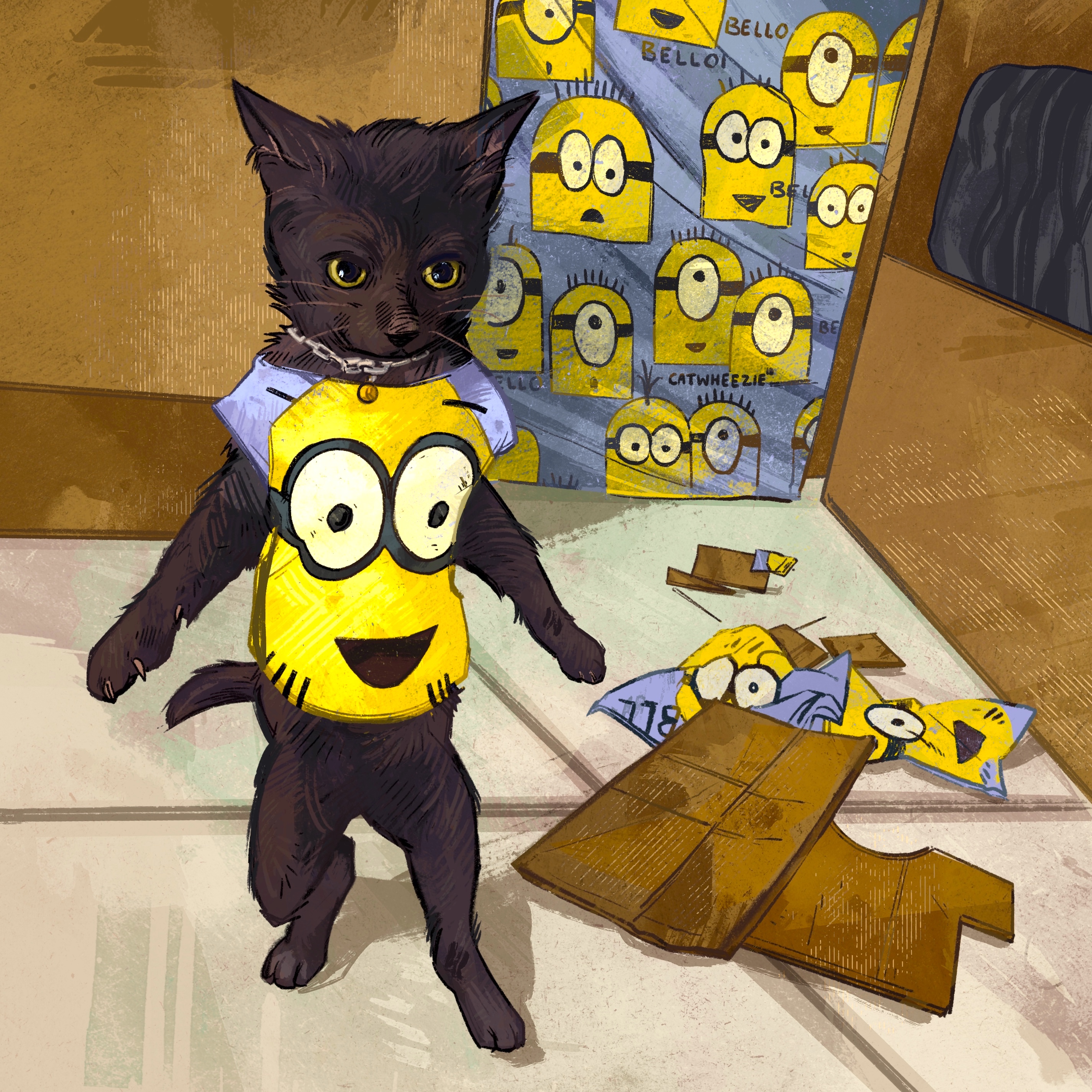 absurdres animal animal_focus baby_animal black_cat cardboard cat catwheezie chain clothed_animal commentary cosplay despicable_me english_commentary highres indoors kitten minion_(despicable_me) minion_(despicable_me)_(cosplay) no_humans original photo-referenced shirt solo standing tail yellow_eyes