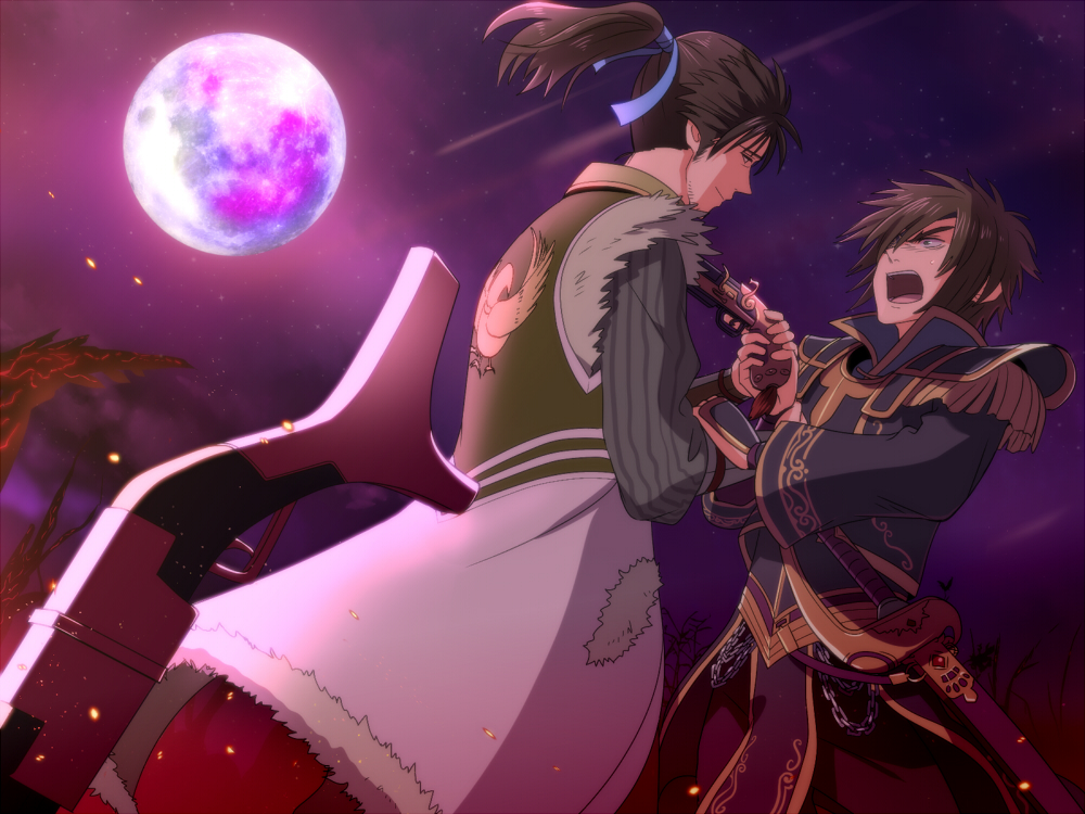 armor brown_hair coat date_masamune epaulettes eyepatch gun handgun helmet kajiwara_io male_focus moon pistol rifle saika_magoichi sengoku_musou shouting swept_bangs sword weapon