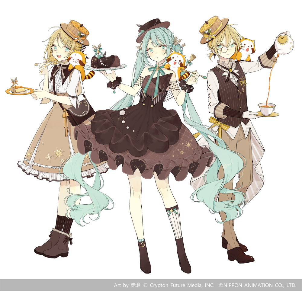 1boy 2girls akakura alternate_costume animal animal_on_shoulder ankle_boots aqua_nails aqua_ribbon araiguma_rascal argyle_clothes argyle_dress artist_name ascot asymmetrical_legwear bag beige_dress beige_pants bell blonde_hair blue_eyes blue_hair boots bracelet braid breasts brown_dress brown_footwear brown_headwear brown_legwear brown_sailor_collar brown_scrunchie cake center_frills chocolate_cake christmas closed_mouth collarbone commentary_request contrapposto cross-laced_clothes crossover cup curly_hair decantering dot_nose dress drink expressionless fingernails fishnets food fork framed_breasts frilled_dress frills fur-trimmed_boots fur_trim gloves hair_between_eyes hair_ornament hairclip hat hatsune_miku high_collar holding holding_plate holding_spoon jewelry kagamine_len kagamine_rin legs_apart legs_together light_blush long_hair looking_at_viewer looking_to_the_side low_ponytail monocle multiple_girls nail_polish neck_ribbon off-shoulder_dress off_shoulder official_art orange_nails orange_ribbon pants parted_lips pie pinstripe_pattern pinstripe_vest plate ponytail pouring puffy_short_sleeves puffy_sleeves raccoon rascal_(araiguma_rascal) ribbon sailor_collar saucer scrunchie shoes short_dress short_hair short_ponytail short_sleeves side-by-side simple_background small_breasts smile snowflake_hair_ornament socks sparkle_print spoon standing star_(symbol) star_print strapless strapless_dress striped_clothes striped_legwear striped_socks striped_vest tailcoat tea teacup teapot top_hat twintails underbust uneven_legwear vertical-striped_clothes vertical-striped_legwear vertical-striped_socks very_long_hair vest vocaloid white_background white_gloves