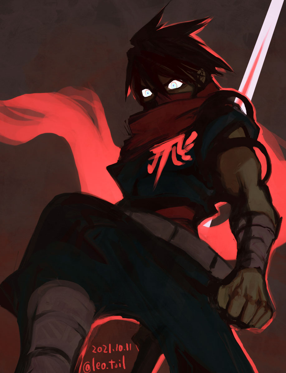 1boy aqua_eyes brown_background brown_hair clenched_hand dated glowing glowing_eyes hair_between_eyes highres leo_tail looking_down male_focus mask mouth_mask red_mask red_scarf scarf short_hair simple_background solo strider_(video_game) strider_hiryuu twitter_username