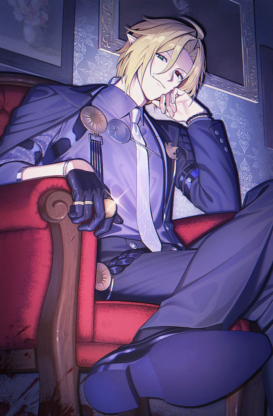 106bbkwii 1boy ahoge arm_support black_gloves black_pants black_shoes blonde_hair blood bracelet coin collared_shirt crossed_legs fang gloves hair_between_eyes hand_up hashtag-only_commentary head_rest heterochromia highres holding holding_coin hugo_vlad indoors jewelry long_hair long_sleeves looking_at_viewer looking_down male_focus mole mole_under_eye multiple_rings necktie on_chair pants parted_bangs picture_frame purple_eyes purple_shirt red_eyes ring shirt shoes single_glove sitting smile smirk solo spotlight white_necktie wing_collar zenless_zone_zero