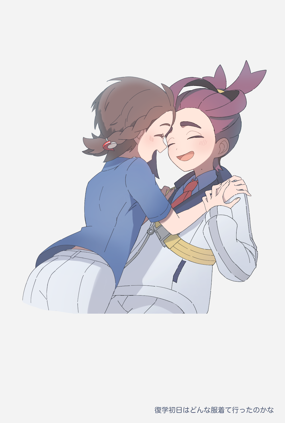 1boy 1girl :d blue_shirt braid brown_hair closed_eyes collared_shirt hands_on_another&#039;s_shoulders happy highres jacket juliana_(pokemon) kieran_(pokemon) mole mole_on_neck necktie nintendo open_mouth pokemon pokemon_sv purple_hair red_necktie shirt short_sleeves shorts smile strap suimoku_(hzdg5322)