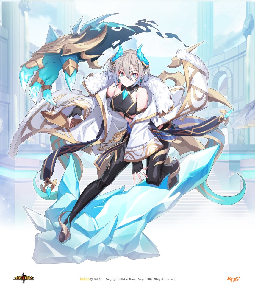 1girl armpit_crease bare_shoulders black_gloves black_pants black_shirt blue_eyes braid breasts claws coat copyright_name copyright_notice crop_top crystal dragon_horns earrings elbow_gloves fingerless_gloves full_body fur_trim gloves gold_trim grand_chase grey_hair hair_between_eyes halterneck horns jewelry leaning_forward logo long_coat long_sleeves looking_at_viewer medium_breasts midriff off_shoulder official_art open_clothes open_coat pants pointy_ears shirt short_hair sidelocks sleeveless sleeveless_shirt slit_pupils solo tachi-e taut_clothes taut_shirt tiamat_(grand_chase) white_background white_coat wide_sleeves yeum