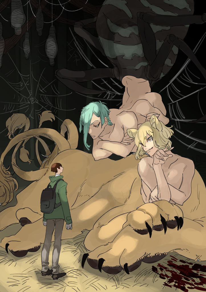 3boys animal_ear_fluff animal_ears aqua_hair arachne_boy backpack bag blonde_hair blood blood_splatter brown_hair cave centauroid claws closed_mouth commentary_request crossed_arms extra_arms extra_legs facing_another fang fang_out full_body green_jacket higekiri_(touken_ranbu) hizamaru_(touken_ranbu) ishikirimaru jacket kyou_zuki lion_boy lion_ears lion_tail long_sleeves looking_at_another male_focus monster_boy monsterification multiple_boys multiple_tails orange_eyes short_hair silk slit_pupils smile spider_web standing tail taur touken_ranbu very_short_hair