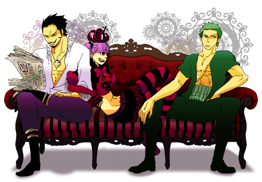 2boys couch dracule_mihawk kuraigana_island multiple_boys one_piece perona red_upholstery roronoa_zoro sitting