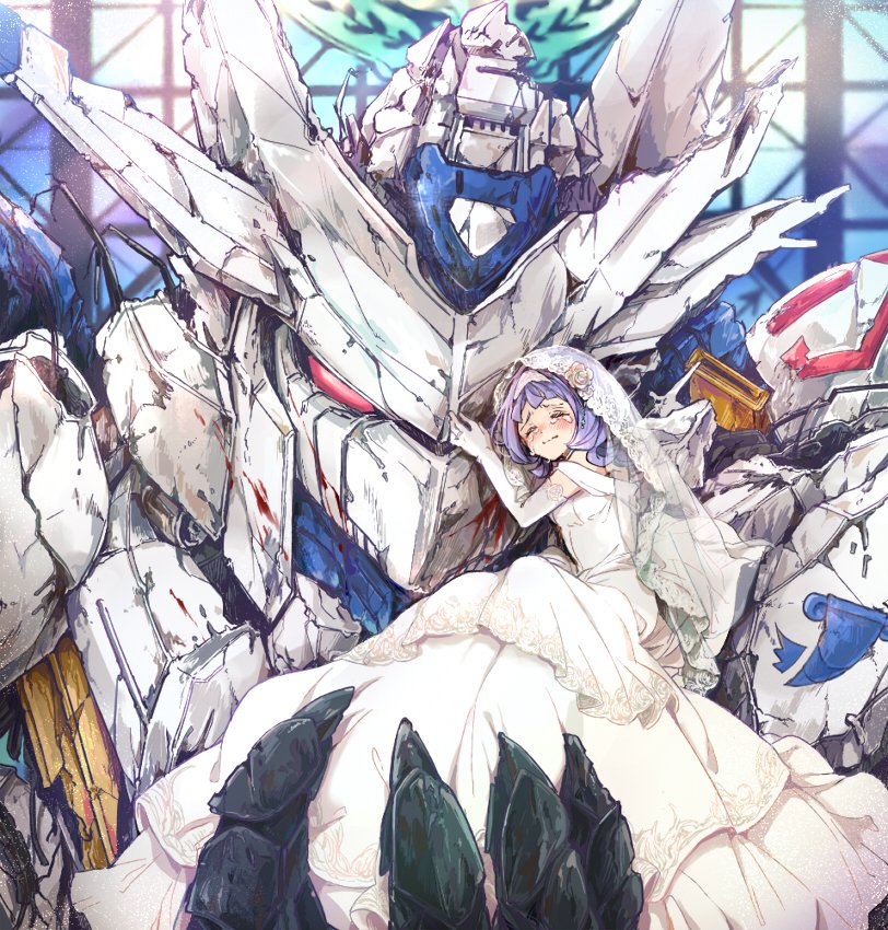 1girl almiria_bauduin blood blood_stain bridal_veil crying damaged dress elbow_gloves closed_eyes gloves gundam gundam_bael gundam_tekketsu_no_orphans kono_sanorou long_hair mecha purple_hair red_eyes robot scratches sobbing spoilers stained_glass tears veil wedding_dress