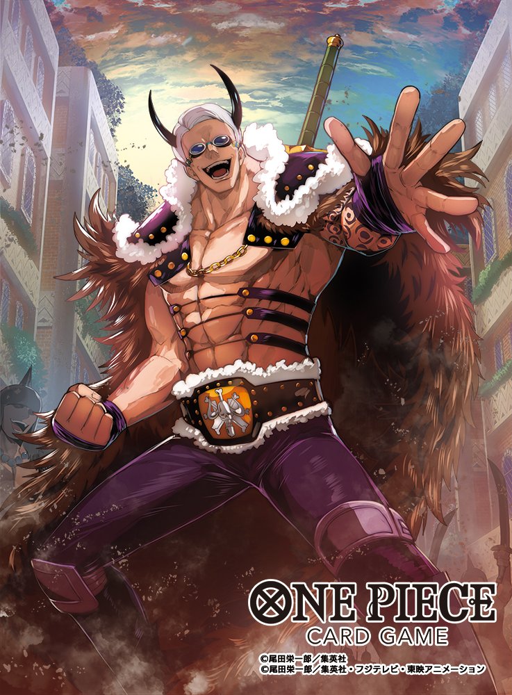 abs arm_tattoo belt cape clenched_hand commentary_request copyright_name fur_cape goggles horns leather leather_pants male_focus moreshan multiple_boys official_art one_piece one_piece_card_game open_mouth pants sheepshead short_hair smile sunset tattoo white_hair