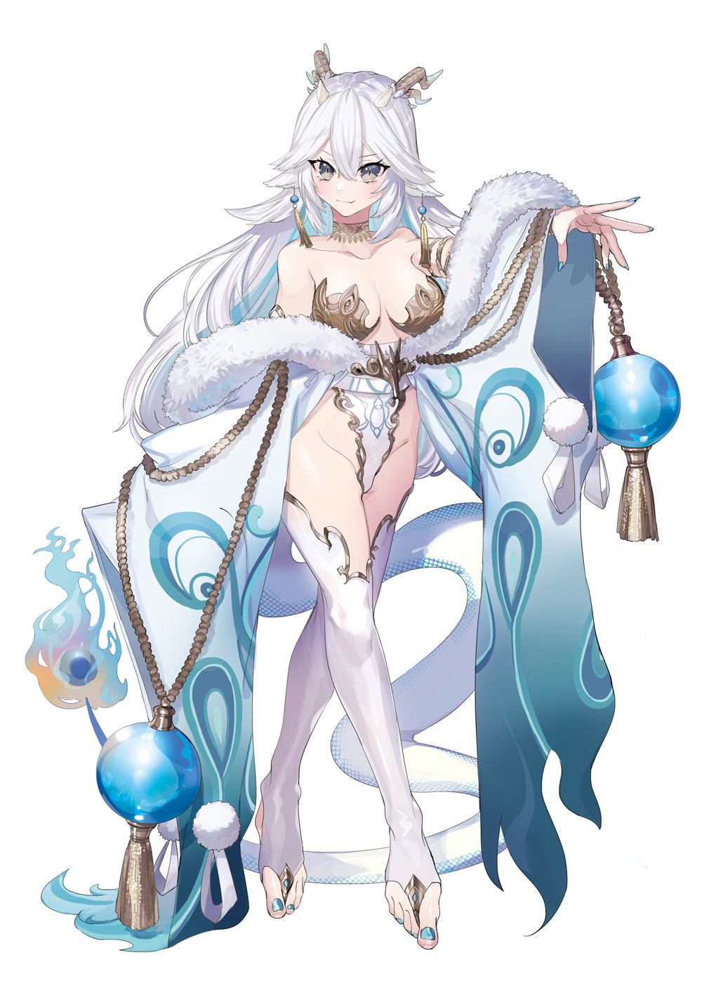 1girl bare_shoulders blush breasts brown_eyes cleavage colored_inner_hair dragon_girl dragon_horns dragon_tail full_body highres horns indie_virtual_youtuber jewelry large_breasts long_hair looking_at_viewer multicolored_hair multiple_horns pointy_ears puppeteer7777 smile solo tail thighhighs vei_(vtuber) vei_(vtuber)_(sky_empress) very_long_hair virtual_youtuber white_hair white_thighhighs