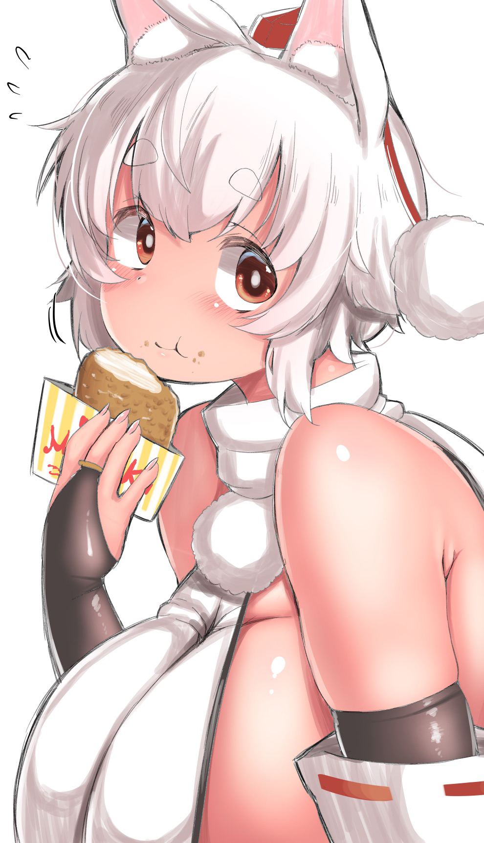 1girl :t animal_ear_fluff animal_ears black_bridal_gauntlets blush breasts bridal_gauntlets brown_eyes chicken_(food) closed_mouth commentary_request detached_sleeves eating familymart flying_sweatdrops food food_on_face fried_chicken hat highres huge_breasts inubashiri_momiji looking_at_viewer pom_pom_(clothes) red_hat ribbon-trimmed_sleeves ribbon_trim shirt shishi_juuroku short_hair sideboob simple_background sleeveless sleeveless_shirt smile solo thick_eyebrows tokin_hat touhou turtleneck turtleneck_shirt upper_body white_background white_hair white_shirt white_sleeves wolf_ears wolf_girl