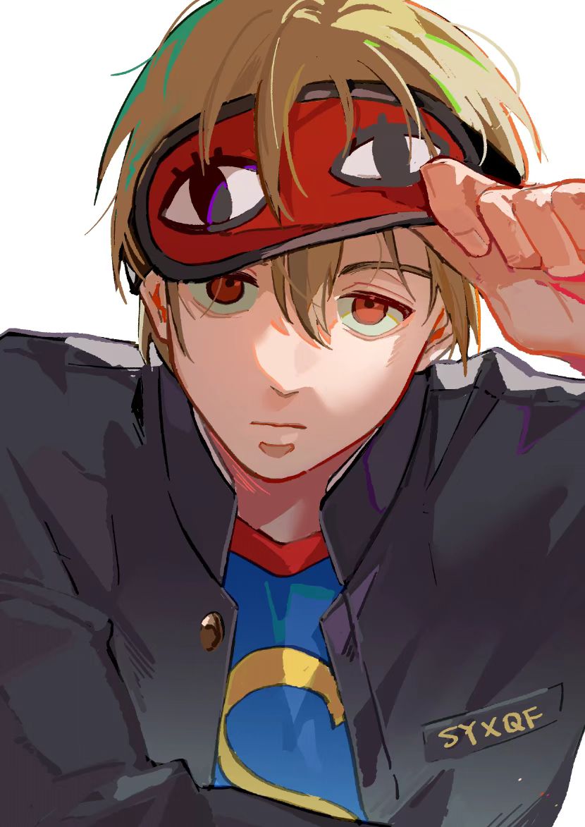 1boy adjusting_clothes adjusting_mask black_jacket blue_shirt brown_hair closed_mouth clothes_writing gakuran gintama hair_between_eyes jacket looking_at_viewer male_focus mask mask_on_head official_alternate_costume okita_sougo red_eyes red_mask school_uniform seppuku009 shirt short_hair sleep_mask solo upper_body white_background