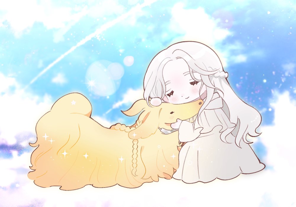 1girl afghan_hound animal animal_hug argos_(ff14) blue_sky braid capelet chibi chibi_only closed_eyes cloud commentary_request day dog dot_nose facing_viewer final_fantasy final_fantasy_xiv from_side full_body half_up_braid half_updo hood hood_down hooded_capelet hushl0v3 korean_commentary light_blush long_hair outdoors robe single_braid sky smile sophist&#039;s_robe_(ff14) venat_(ff14) white_capelet white_hair white_robe