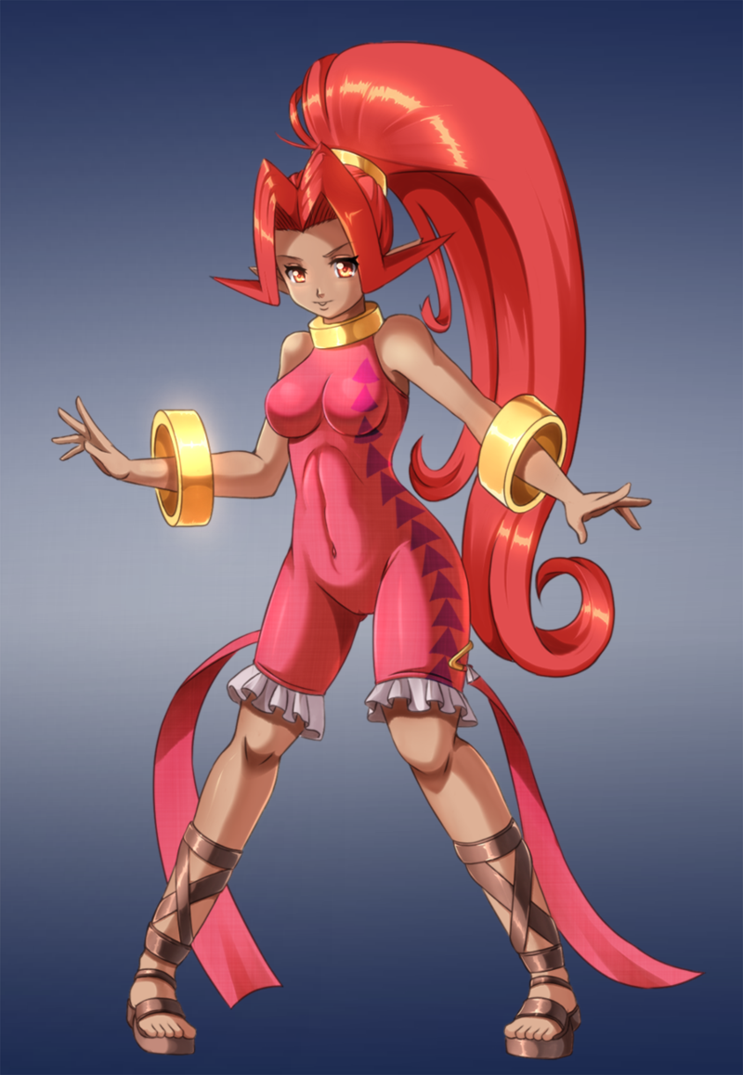 1girl bodysuit bracelet breasts cameltoe covered_navel dark-skinned_female dark_skin din feet female_focus full_body gradient_background jewelry long_hair lots_of_jewelry navel nintendo pointy_ears ponytail red_eyes red_hair sandals skin_tight solo standing the_legend_of_zelda the_legend_of_zelda:_oracle_of_seasons toes very_long_hair