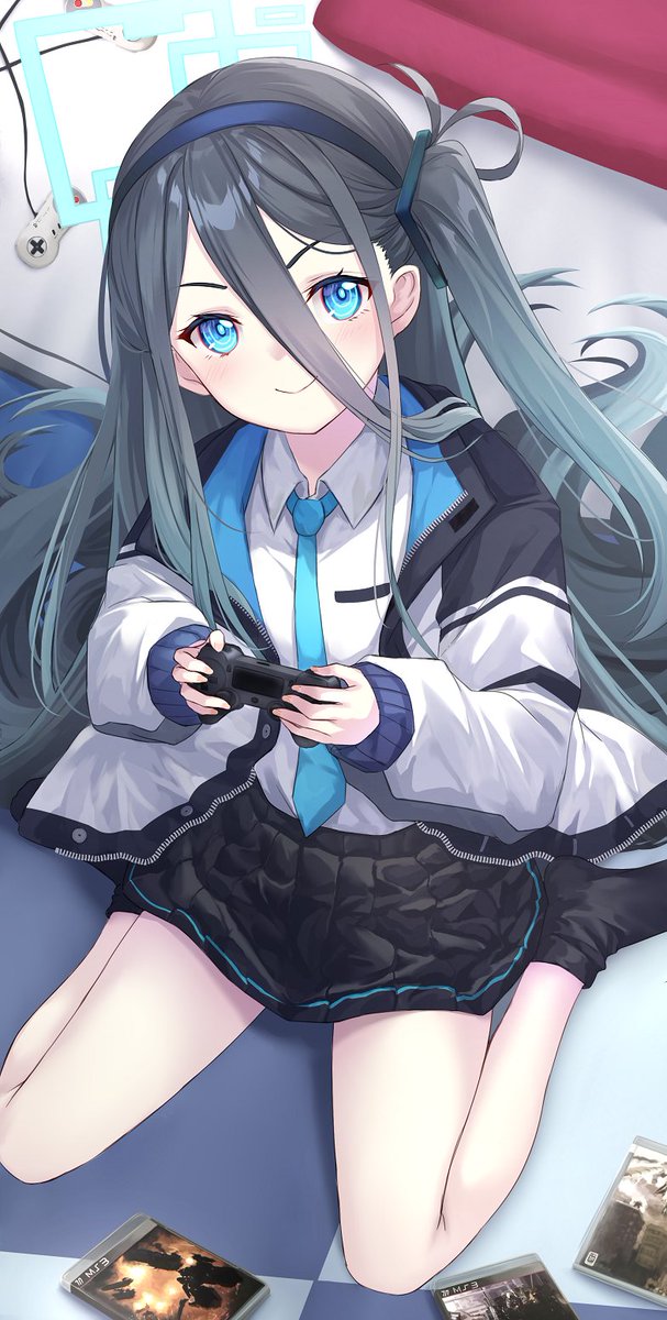 1girl aris_(blue_archive) black_hair black_hairband black_skirt black_socks blue_archive blue_eyes blue_halo blue_necktie closed_mouth collared_shirt commentary_request controller game_controller gradient_hair hair_between_eyes hairband halo highres holding holding_controller holding_game_controller jacket long_bangs long_hair long_hair_between_eyes long_sleeves looking_at_viewer looking_up merxkialis multicolored_hair necktie open_clothes open_jacket pleated_skirt shirt shirt_tucked_in side_ponytail sitting skirt smile socks solo wariza white_jacket white_shirt