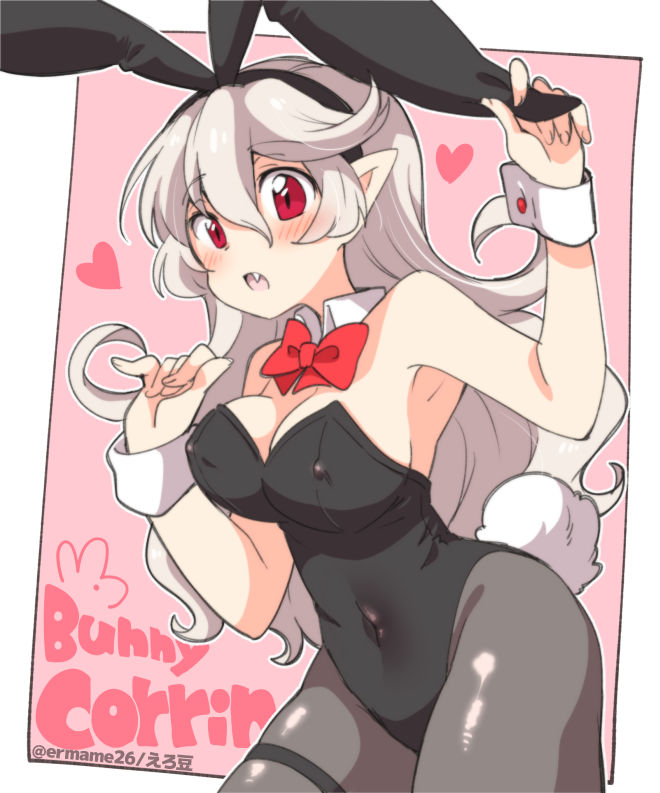 :o adjusting_clothes adjusting_headwear animal_ear_hairband animal_ears arm_up black_leotard black_pantyhose black_straps border bow bowtie breasts character_name collar commentary_request corrin_(female)_(fire_emblem) corrin_(fire_emblem) cowboy_shot eromame fake_animal_ears fake_tail fang fire_emblem fire_emblem_fates hair_between_eyes hairband hand_up heart large_breasts leotard light_blush long_hair nintendo open_mouth pantyhose pink_background playboy_bunny pointy_ears rabbit_ears rabbit_symbol rabbit_tail red_bow red_bowtie red_eyes simple_background strapless strapless_leotard tail thigh_strap twitter_username white_border white_collar white_hair white_wrist_cuffs wrist_cuffs