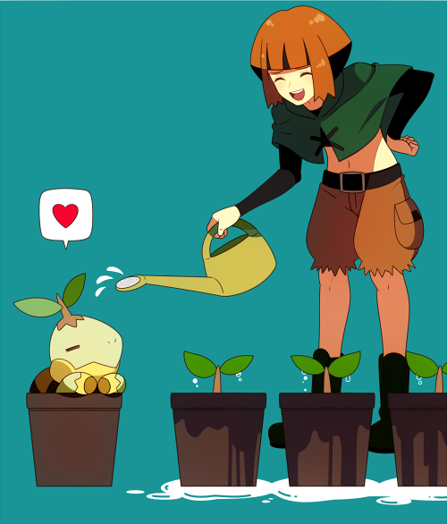 1girl belt black_belt blue_background brown_shirt closed_eyes commentary_request creatures_(company) game_freak gardenia_(pokemon) gen_4_pokemon green_shawl happy heart himari_g_(sr) holding holding_watering_can navel nintendo open_mouth plant pokemon pokemon_(creature) pokemon_dppt potted_plant shirt short_hair simple_background spoken_heart sprout turtwig watering_can