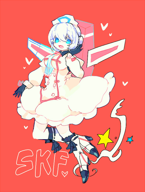 1girl ammp autobot bad_id bad_pixiv_id black_gloves blue_eyes boots breasts dress floating genderswap genderswap_(mtf) gloves heart jetfire juliet_sleeves long_sleeves looking_at_viewer medium_breasts personification puffy_sleeves red_background smile solo star_(symbol) transformers white_boots white_dress white_hair