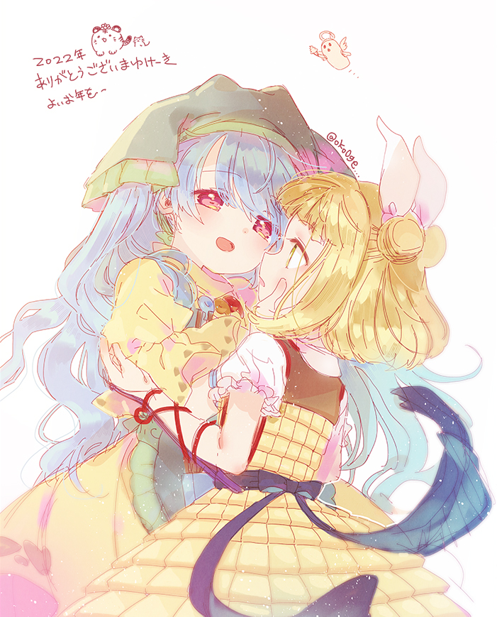 2girls :d apron arm_ribbon back_bow biyon black_bow black_sash blonde_hair blue_hair blunt_bangs blurry bow commentary cowboy_shot depth_of_field dot_nose double_bun dress eye_contact floating_hair frilled_apron frilled_sleeves frills from_behind from_side green_apron green_headscarf green_headwear hair_bun hair_ribbon hand_on_another&#039;s_cheek hand_on_another&#039;s_face hand_up haniwa_(statue) haniyasushin_keiki happy_new_year headscarf jewelry joutouguu_mayumi light_particles long_hair looking_at_another magatama magatama_necklace multiple_girls narrowed_eyes nazrin nazrin_(mouse) necklace new_year open_mouth parted_lips pink_eyes profile puffy_short_sleeves puffy_sleeves red_eyes red_ribbon ribbon sash short_hair short_sleeves smile standing swept_bangs symbol-only_commentary thank_you toramaru_shou toramaru_shou_(tiger) touhou twitter_username very_long_hair wavy_hair white_background white_ribbon yellow_dress yellow_eyes