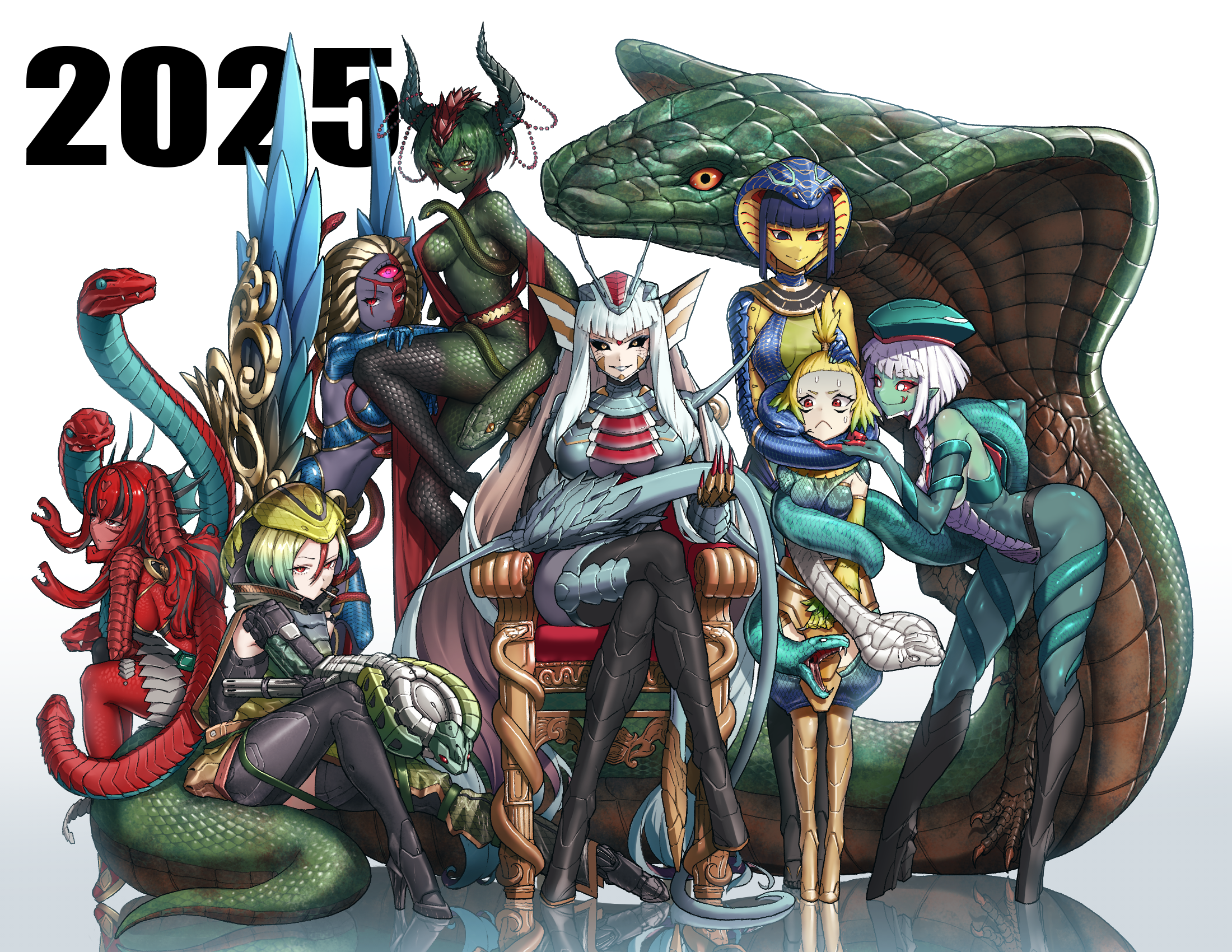 2025 6+girls animal arm_cannon belt bird_girl black_bodysuit black_footwear black_hair black_pantyhose black_scales black_sclera blonde_hair blue_dress blue_eyes blue_eyeshadow blue_hair blue_scales bodysuit boots breasts canary_cobra chaps chinese_zodiac cigarette claws cleavage_cutout closed_mouth clothing_cutout cobra_otoko colored_inner_hair colored_sclera colored_skin commentary_request crossed_legs cyborg dress eidenjyou1997 elbow_gloves evil_smile eyeshadow facepaint facial_mark fingernails forked_tongue full_body garagaranda genderswap genderswap_(mtf) gloves green_hair green_scales green_skin green_snake hand_on_another's_chin hand_on_another's_head hebi_beastman high_heel_boots high_heels highres hood horn_ornament horns hydra_(kamen_rider) impossible_clothes kamen_rider kamen_rider_(1st_series) kamen_rider_amazon_(series) kamen_rider_stronger_(series) kamen_rider_v3_(series) kamen_rider_x_(series) knee_boots lipstick long_fingernails long_hair looking_at_viewer machine_gun_snake makeup monster monster_girl multicolored_hair multicolored_scales multicolored_skin multiple_girls nervous nervous_sweating pantyhose purple_skin red_belt red_eyes red_sclera red_skin red_snake reflection scale_print scales sharp_fingernails short_hair sideboob simple_background sitting sitting_on_throne slit_pupils smile snake snake_girl snake_hood snake_tail snake_woman_(kamen_rider_stronger) standing streaked_hair sweat tail teeth tendril_arm thigh_boots throne tongue tongue_out topknot trait_connection two-tone_hair umihebi_otoko very_long_hair weapon white_background white_eyes white_hair year_of_the_snake yellow_boots yellow_eyes yellow_skin
