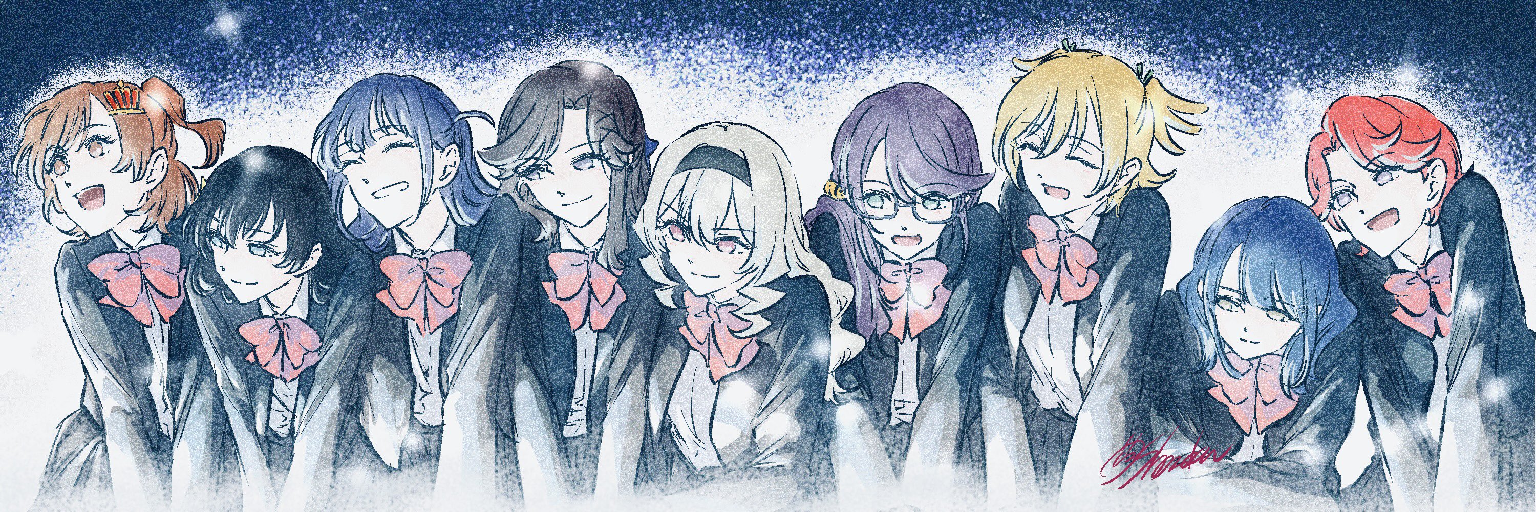 6+girls ^_^ aijou_karen arm_rest artist_name bell black-framed_eyewear black_hair black_hairband blonde_hair blue_background blue_eyes blue_hair blue_ribbon bow bowtie brown_eyes brown_hair closed_eyes closed_mouth collared_shirt commentary_request crown_hair_ornament daiba_nana glasses green_eyes green_ribbon grey_jacket grey_skirt grin hair_bell hair_between_eyes hair_ornament hair_over_shoulder hair_ribbon hairband hairclip hanayagi_kaoruko highres hoshimi_junna isurugi_futaba jacket jingle_bell kagura_hikari leaning_forward long_hair long_sleeves looking_ahead looking_to_the_side multiple_girls no_pupils one_side_up open_clothes open_jacket open_mouth parted_bangs parted_lips pink_eyes purple_eyes purple_hair red_bow red_bowtie red_hair ribbon saijou_claudine school_uniform seishou_music_academy_uniform shirt short_hair short_twintails shoujo_kageki_revue_starlight shozoku side-by-side sideways_glance signature skirt smile standing teeth tendou_maya tsuyuzaki_mahiru twintails two-tone_background upper_body upper_teeth_only v-shaped_eyebrows v_arms white_background white_shirt x_hair_ornament