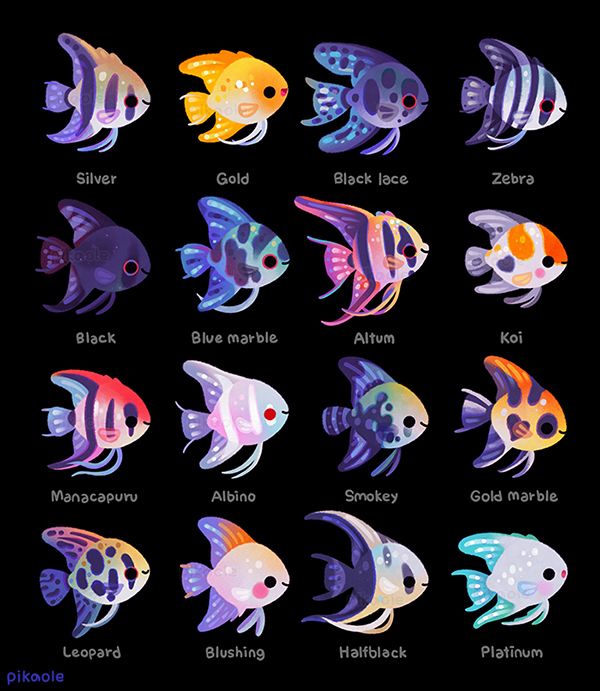 albino angelfish animal_focus artist_name black_background closed_mouth commentary_request english_text fish from_side full_body no_humans original pikaole red_eyes simple_background smile