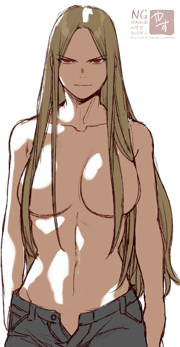 1girl blonde_hair breasts character_request collarbone copyright_request grey_pants hair_censor large_breasts long_hair looking_at_viewer no_bra open_fly pants red_eyes simple_background solo standing v-shaped_eyebrows very_long_hair white_background yasunososaku