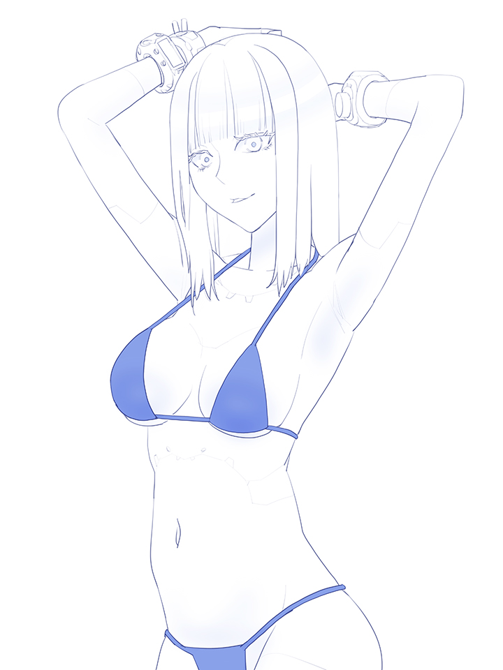 1girl android armpits arms_up bikini blame! breasts cibo grin joints looking_at_viewer medium_hair navel pale_skin robot_joints simple_background smile solo standing swimsuit white_background yoshino_(yoshinono!)