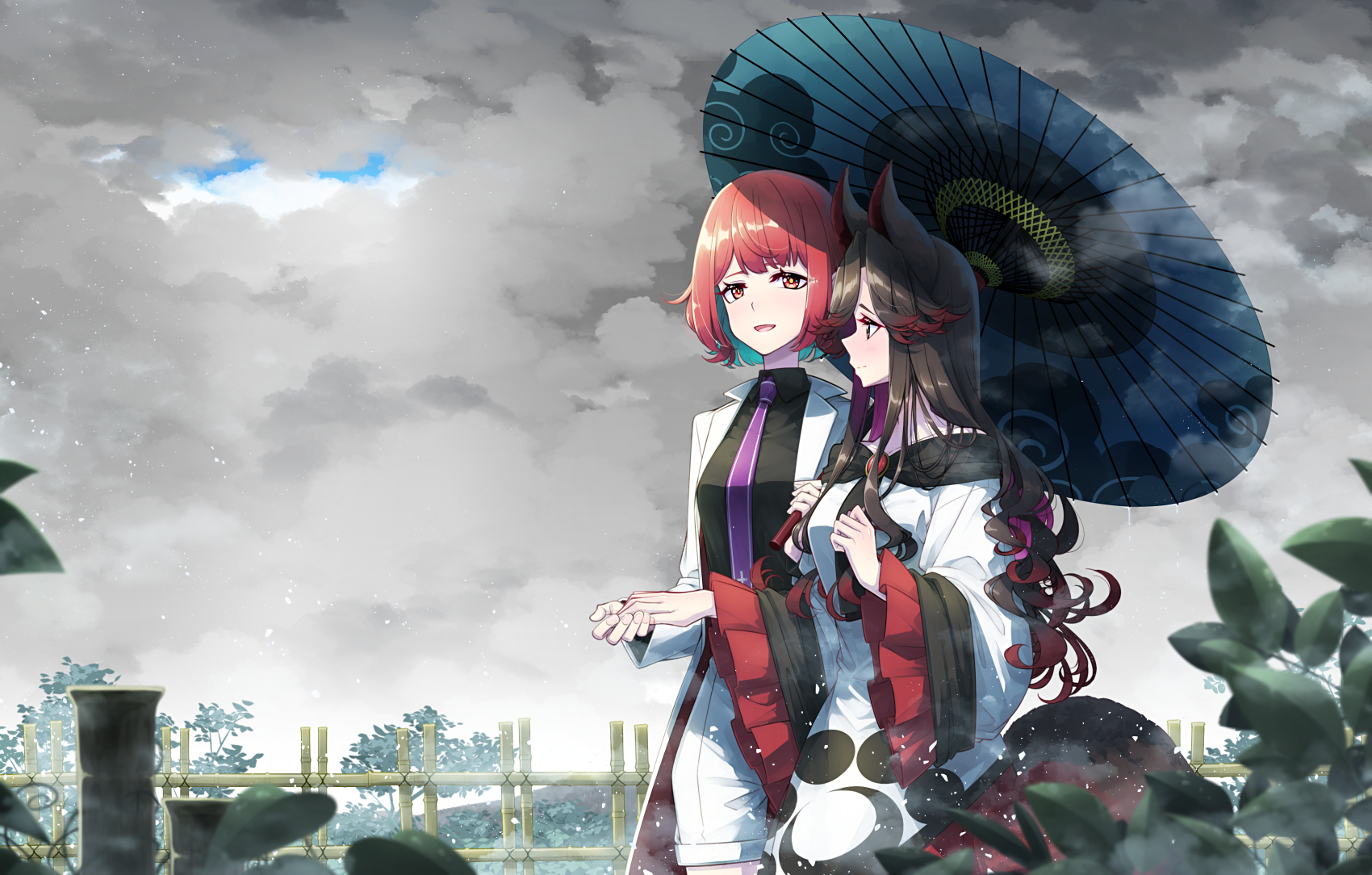 2girls :d animal_ears black_shirt brooch brown_hair bush closed_mouth cloud cloudy_sky collared_shirt commentary commission dress frilled_sleeves frills gradient_hair highres holding holding_hands holding_umbrella horikawa_raiko imaizumi_kagerou jacket jewelry layered_sleeves leaf long_sleeves looking_at_another multicolored_hair multiple_girls necktie off-shoulder_dress off_shoulder oil-paper_umbrella open_clothes open_jacket open_mouth outdoors overcast purple_necktie red_eyes red_hair sakuraba_yuuki shared_umbrella shirt short_hair shorts sidelocks skeb_commission sky smile tail touhou umbrella wavy_hair white_dress white_jacket white_shorts wide_sleeves wolf_ears wolf_tail