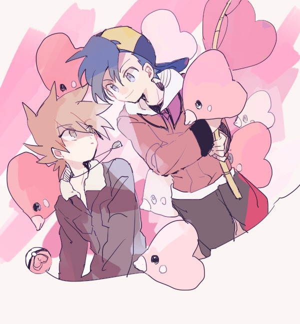 2boys backwards_hat baseball_cap black_jacket blue_oak ethan_(pokemon) fish fishing_rod gen_3_pokemon hat holding holding_fishing_rod jacket jewelry looking_at_another love_ball luvdisc multiple_boys necklace nintendo poke_ball pokemon pokemon_(creature) pokemon_hgss smcms-m spiked_hair
