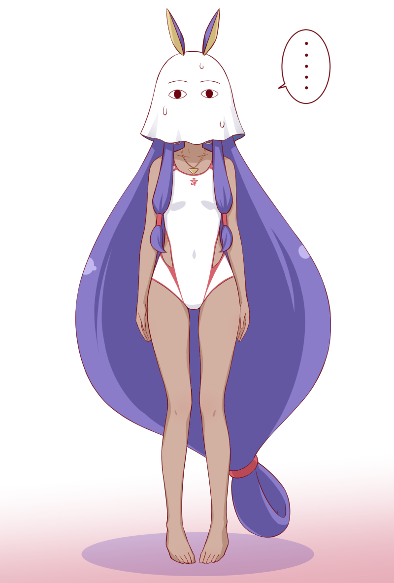 ... animal_ears arms_at_sides bare_arms bare_legs bare_shoulders barefoot breasts collarbone commentary_request competition_swimsuit cosplay covered_navel dark-skinned_female dark_skin earrings facing_viewer fate/grand_order fate_(series) full_body gradient_background ha-ru hoop_earrings jewelry legs_apart long_hair low-tied_long_hair mask medjed_(fate) medjed_(fate)_(cosplay) necklace nitocris_(fate) nitocris_(fate/grand_order) nitocris_(swimsuit_assassin)_(fate) nitocris_(swimsuit_assassin)_(second_ascension)_(fate) one-piece_swimsuit pendant pigeon-toed purple_hair rabbit_ears sidelocks small_breasts solo speech_bubble spoken_ellipsis standing sweat swimsuit very_long_hair white_background white_one-piece_swimsuit