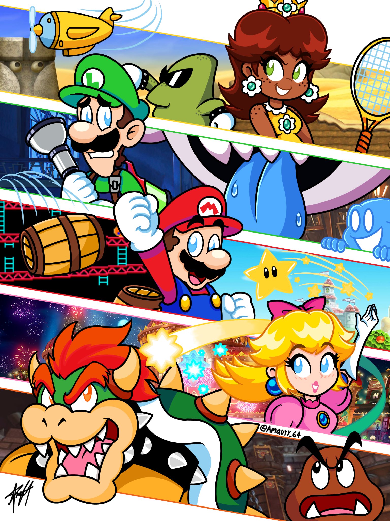 2girls 5boys aircraft airplane artist_name bowser crown donkey_kong_(1981_game) donkey_kong_(series) dress earrings flashlight flower_earrings gloves goob_(luigi's_mansion) goomba green_eyes hat highres hiyoihoi horns jewelry king_boo looking_at_another looking_at_viewer luigi luigi's_mansion luigi's_mansion_3 mario mario_(series) mario_day mario_tennis multiple_boys multiple_girls new_super_mario_bros. new_super_mario_bros._u nintendo open_mouth pink_dress poltergust_g-00 princess_daisy princess_peach princess_peach:_showtime! racket red_hair scared sky_pop spiked_shell stone-eye sunglasses super_mario_land super_star_(mario) tennis_racket