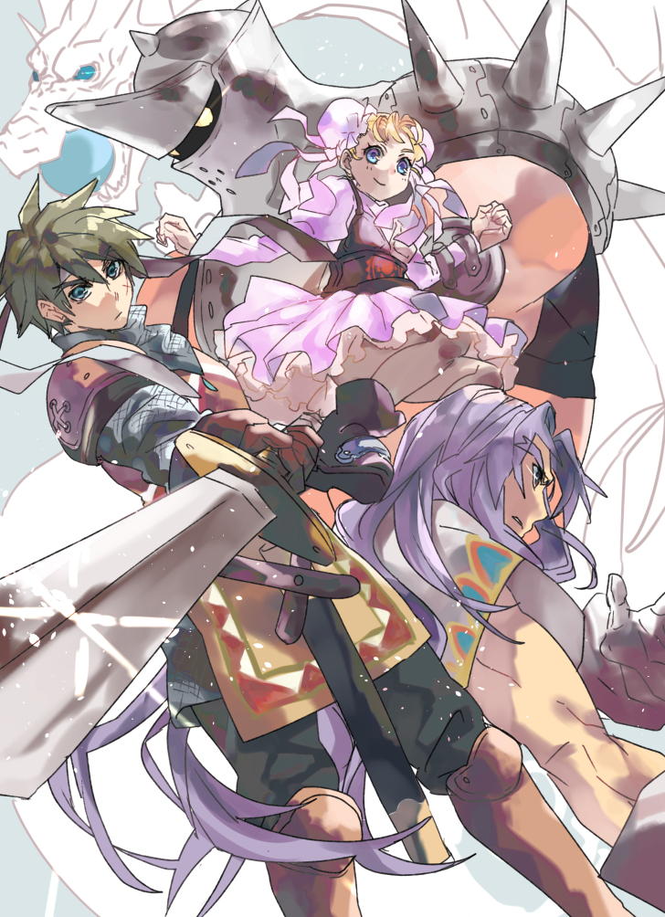 1girl blonde_hair blue_eyes blue_hair bun_cover chrono_cross commentary_request double_bun dress glenn gloves hamagurihime karsh long_hair looking_at_viewer marcy_(chrono_cross) multiple_boys short_hair smile sword weapon zoah
