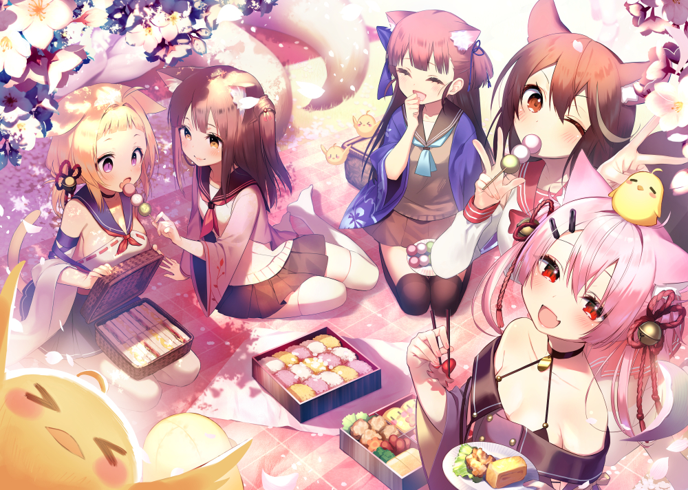5girls :d :o ahoge animal_ear_fluff animal_ears ariake_(azur_lane) asagi_yuna ascot azur_lane bare_shoulders bell bento bird black_legwear black_skirt blonde_hair bow breasts brown_eyes brown_hair brown_shirt brown_skirt cat_ears cat_girl cat_tail cherry_blossoms chick choker chopsticks collarbone commentary_request dango day detached_sleeves closed_eyes fang feeding flower food fox_tail hair_bow hair_ornament hairclip halterneck hanami haori hatsuharu_(azur_lane) hatsushimo_(azur_lane) holding holding_chopsticks holding_food holding_plate japanese_clothes jingle_bell kotori_photobomb long_hair long_sleeves looking_at_viewer manjuu_(azur_lane) mat medium_breasts medium_hair miniskirt multicolored_hair multiple_girls multiple_tails no_shoes off-shoulder_shirt off_shoulder official_art one_eye_closed open_mouth outdoors petals picnic picnic_basket pink_hair plate pleated_skirt purple_eyes red_eyes revision rope sailor_collar sandwich sanshoku_dango seiza shirt sitting skirt smile streaked_hair sunlight tail thighhighs two_side_up w wagashi wakaba_(azur_lane) white_flower white_legwear white_shirt wide_sleeves yuugure_(azur_lane) zettai_ryouiki