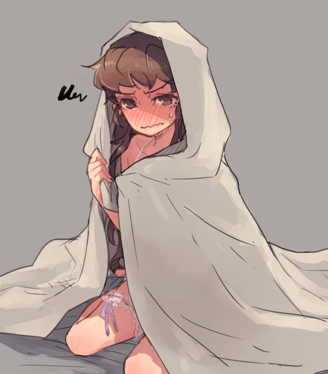 1girl blush brown_eyes brown_hair closed_mouth collarbone embarrassed grey_background isuzu_(log_horizon) log_horizon long_hair looking_at_viewer mo_(deciliter) simple_background solo sweatdrop thigh_strap under_covers very_long_hair wavy_mouth