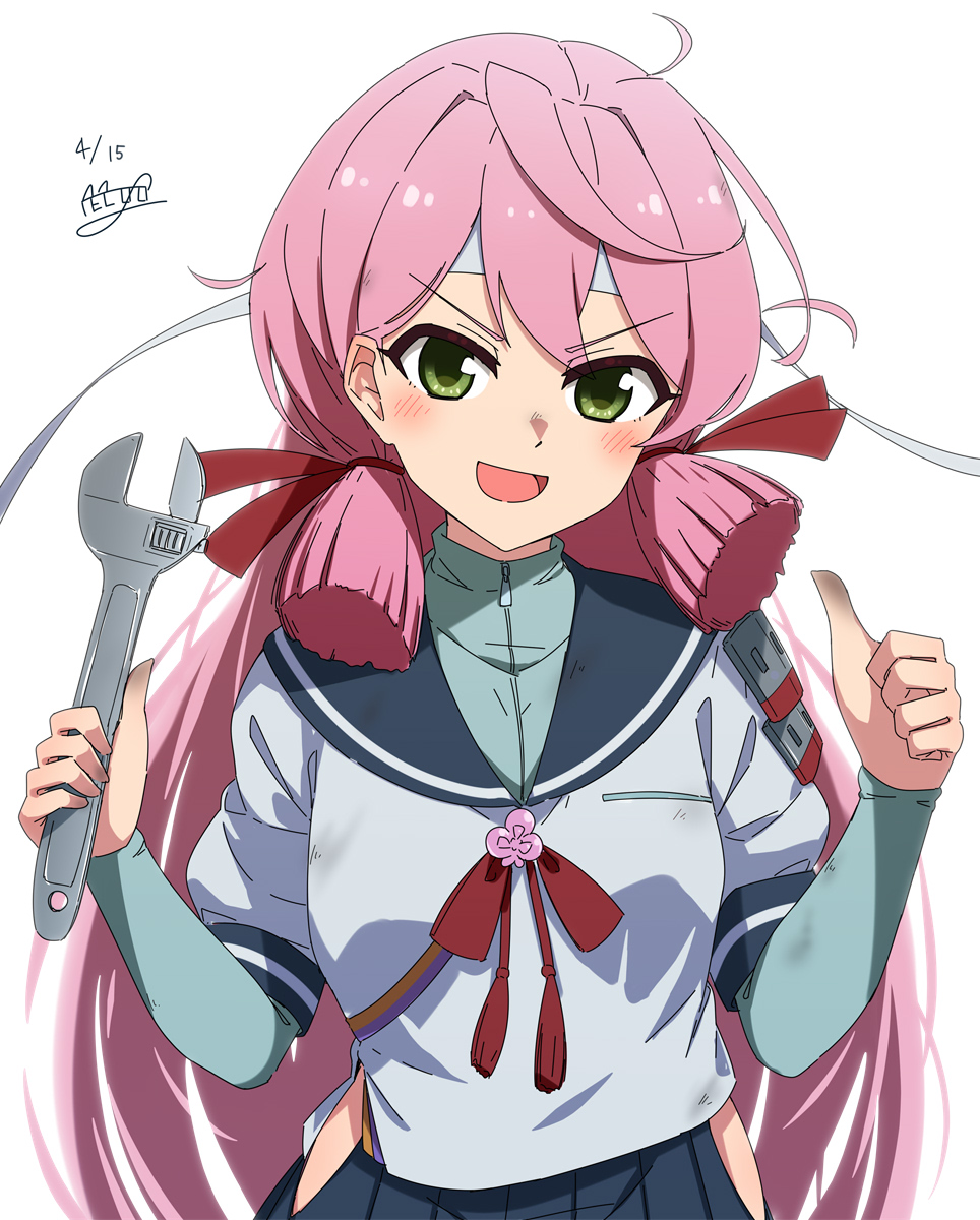 1girl akashi_(kancolle) blue_sailor_collar blue_skirt blunt_tresses dated dress green_eyes hair_ribbon highres hip_vent holding holding_wrench kantai_collection layered_shirt long_hair long_sleeves looking_at_viewer necono_(nekonosora1207) open_mouth pink_hair pleated_dress pleated_skirt ribbon sailor_collar sailor_shirt school_uniform serafuku shirt signature skirt solo thumbs_up tress_ribbon upper_body white_shirt wrench