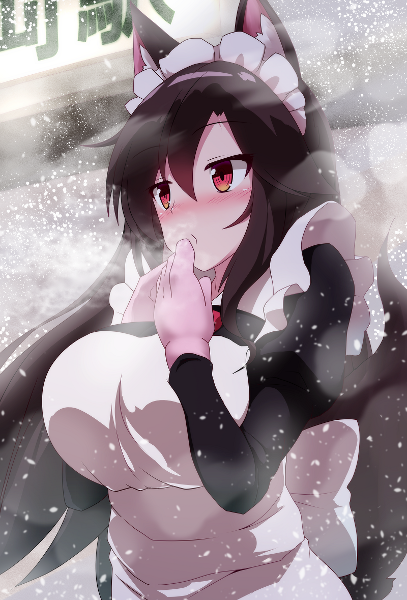 1girl alternate_costume animal_ears apron black_shirt blush breasts brown_hair commentary_request enmaided gloves imaizumi_kagerou juliet_sleeves large_breasts long_hair long_sleeves maid maid_apron maid_headdress pink_gloves puffy_sleeves red_eyes shirt sivamaron snowing solo tail touhou upper_body white_apron wind wolf_ears wolf_girl wolf_tail