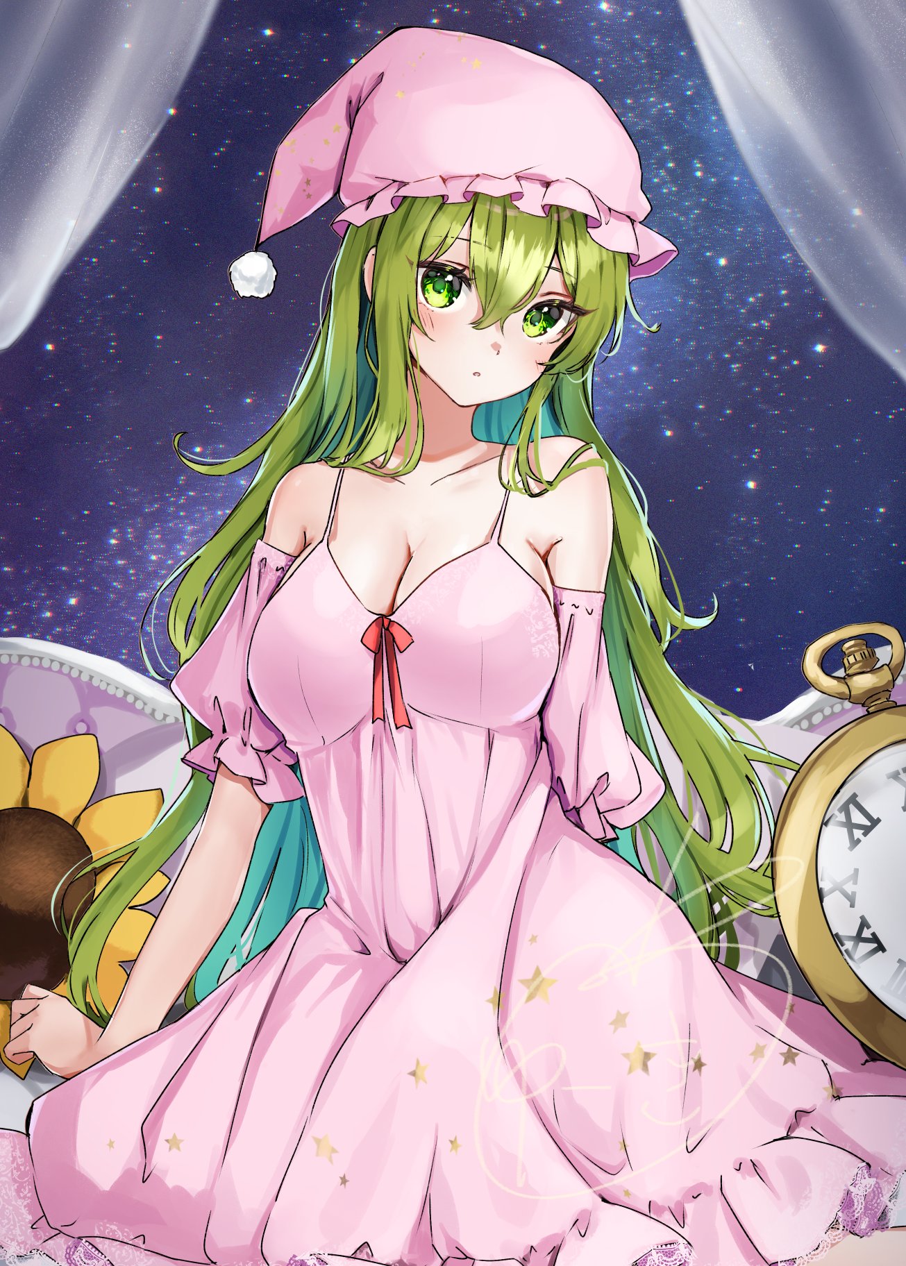 1girl artistic_error bare_shoulders breasts cleavage clock flower green_eyes green_hair hat highres kazami_yuuka kazami_yuuka_(pc-98) long_hair lotus_land_story nightcap nightgown shironeko_yuuki solo sunflower touhou touhou_(pc-98) wrong_hand