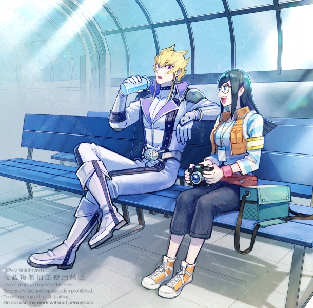 belt belt_buckle bench black_hair black_pants blonde_hair blue_shirt breasts buckle camera carly_nagisa cup holding holding_camera holding_cup izapara jack_atlas jacket large_breasts long_hair orange_vest pants round_eyewear shirt short_hair striped_clothes striped_shirt two-tone_shirt vest white_jacket white_pants white_shirt yu-gi-oh! yu-gi-oh!_5d&#039;s