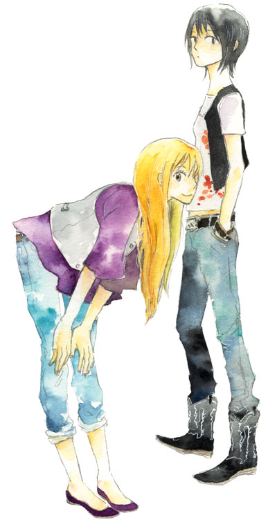 2girls androgynous ayase_asagi belt black_hair blonde_hair boots denim hands_in_pockets jeans long_hair looking_at_viewer multiple_girls pants reverse_trap rokudenashi shirt short_hair simple_background t-shirt tomboy torako_(yotsubato!) vest white_background yotsubato!