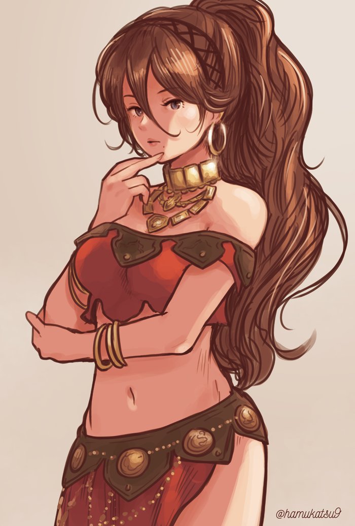 1girl bracelet breasts brown_hair closed_mouth dancer earrings jewelry long_hair looking_at_viewer ma-hain-scarlet midriff mole mole_under_mouth navel necklace octopath_traveler octopath_traveler_i ponytail primrose_azelhart simple_background solo