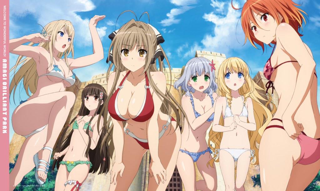 6+girls amagi_brilliant_park antenna_hair arm_up ass backboob bare_arms bare_shoulders bent_over bikini blonde_hair blue_bikini blue_eyes blue_hair blue_ribbon blue_sky blush bow breasts brown_hair castle cleavage closed_mouth collarbone commentary_request copyright_name flat_chest flower frilled_bikini frilled_thigh_strap frills from_below green_bikini green_eyes groin hair_bow hair_flower hair_intakes hair_ornament hair_ribbon hand_up hands_on_own_thighs koborii_(amaburi) large_breasts latifa_fleuranza leg_up long_hair looking_at_viewer looking_back medium_breasts multiple_girls muse_(amaburi) navel official_art open_mouth outdoors pink_bikini red_bikini red_eyes red_hair ribbon ringlets salama_(amaburi) sento_isuzu short_hair sky small_breasts smile standing standing_on_one_leg swimsuit sylphy_(amaburi) thigh_strap thighs very_long_hair white_bikini white_bow white_footwear